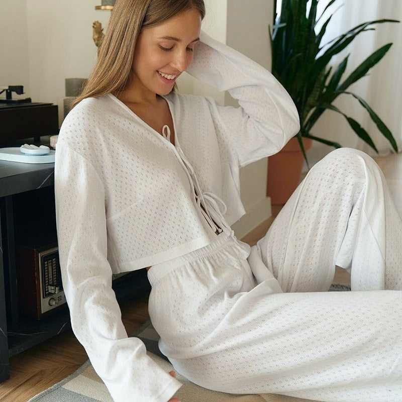 Solid Color Knit Jacquard Long Sleeve Long Pants Lounge Set