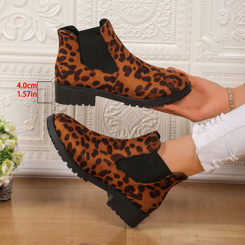 Leopard Print Ankle Boots Women - Mid Heel Chunky Sole Slip-On Boots