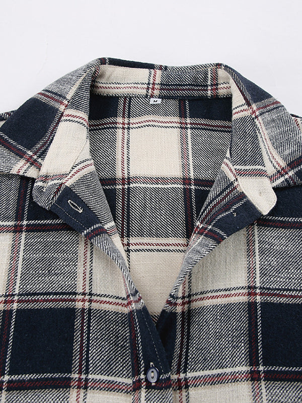 Long Sleeves Loose Plaid Split-Joint Lapel Blouses&Shirts Tops