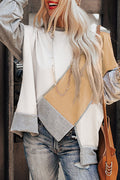 Light French Beige Colorblock Stitching Irregular Hem Long Sleeve Top