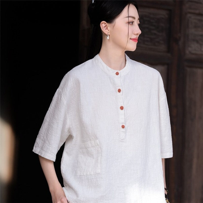 Stand Out in Style with our Solid Color Stand Collar Button-Up Short Sleeve Shirt