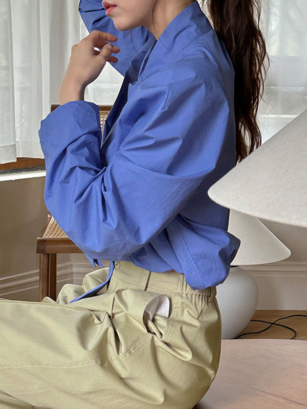 Long Sleeves Loose Solid Color Split-Joint Streamer High Neck Blouses