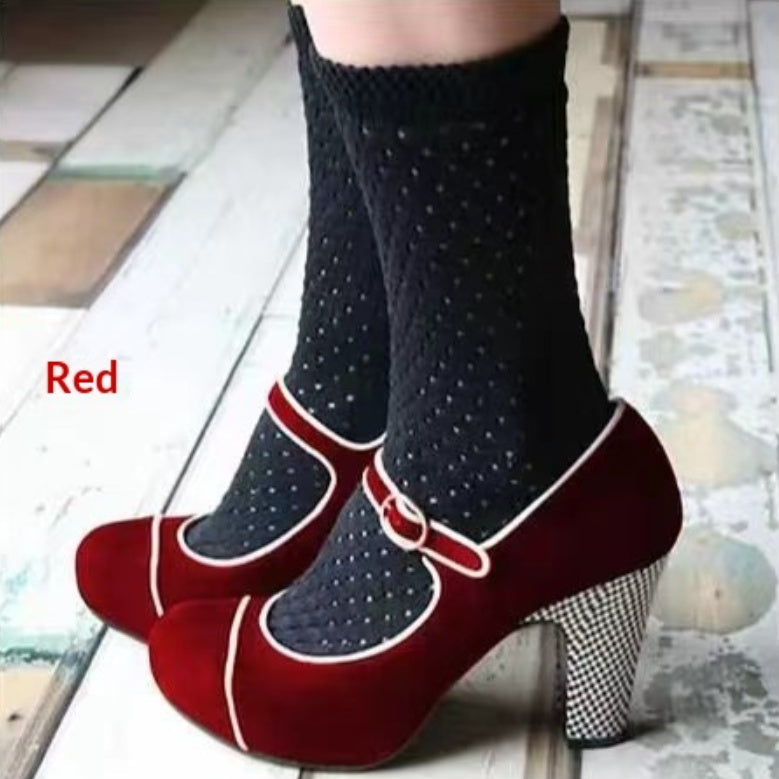 Women's Retro Round-Toe Chunky Heel Pumps with Ankle Strap Buckle | Suede Block Heel Dress Shoes