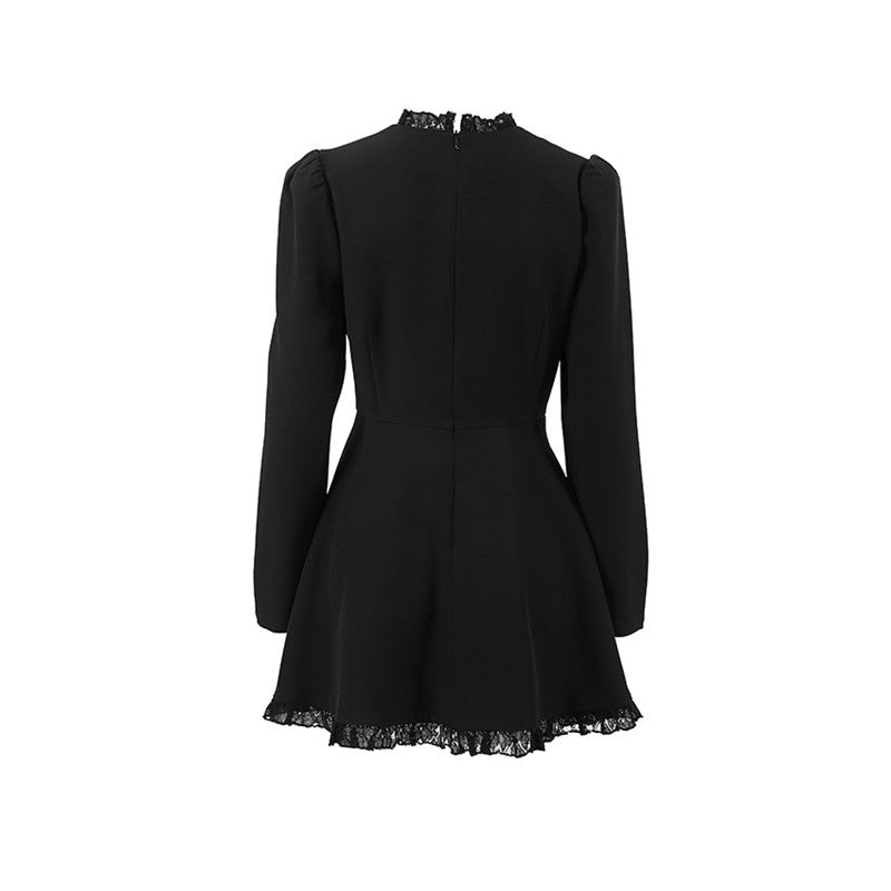 Solid Color Crewneck Long Sleeve A-Line Ruffled Hem Mini Dress