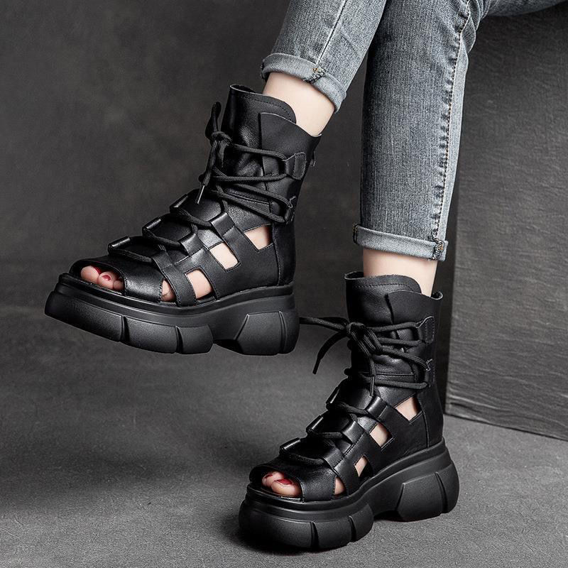 Women's Roman Gladiator Sandal Boots | Open Toe Buckle Hollowed-Out Design | Black Brown
