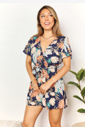 Double Take Botanical Print Surplice Neck Tie Waist Romper