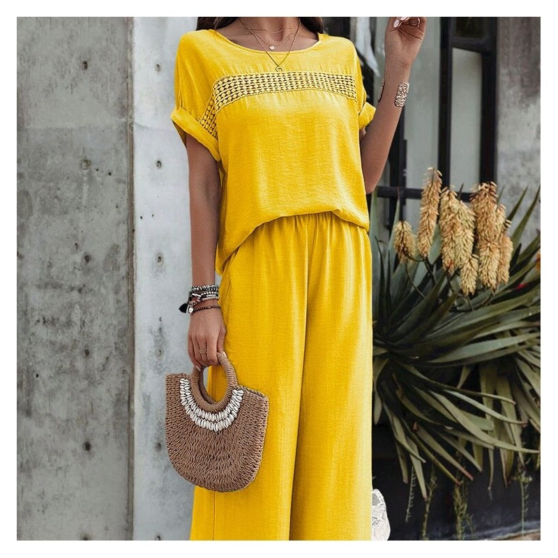 Casual Solid Color Short Sleeve Top and Long Pants Set