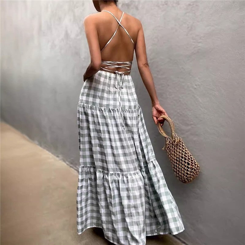 Strappy Plaid Maxi Dress with Tie-Waist - Casual and Chic