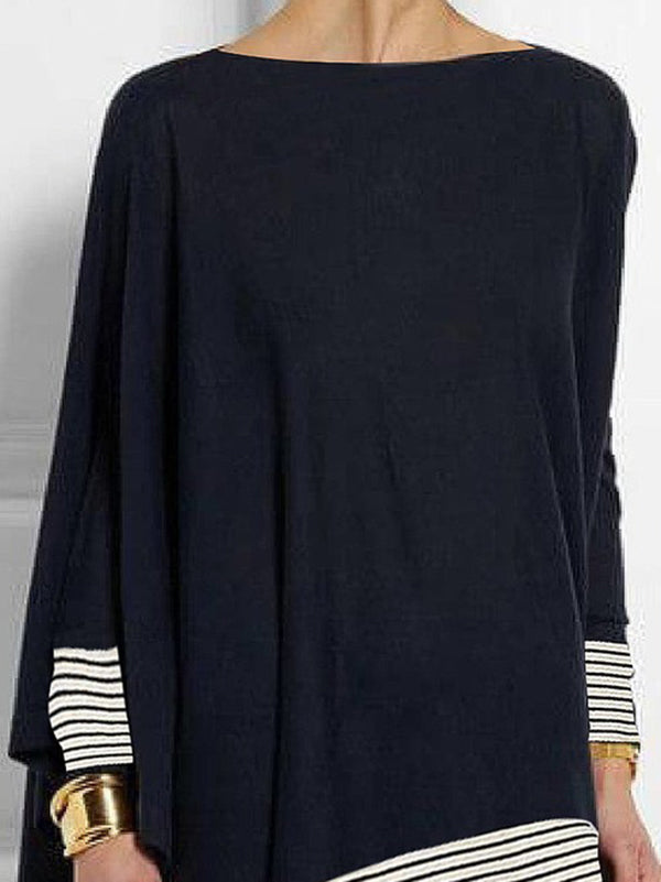 Striped Round Neck T-Shirt with Batwing Sleeves and Split-Joint Design