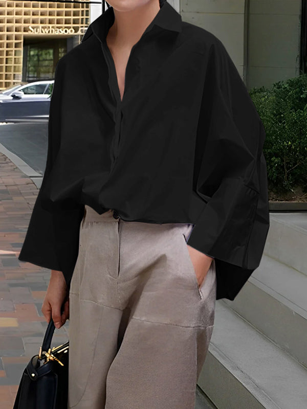 Solid Color Lapel Collar Blouses & Shirts - Long Sleeve Loose Fit Tops