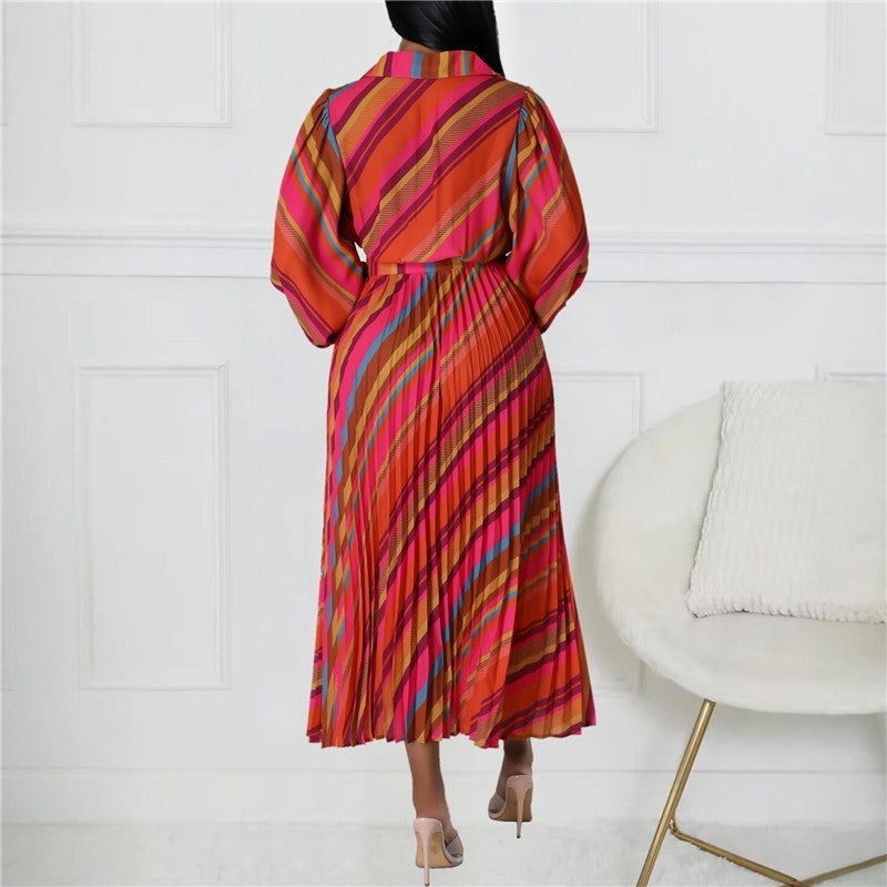 Printed Turn-Down Collar Dress in Solid Color
