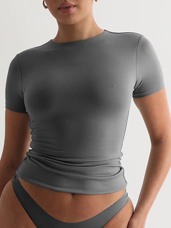 Short Sleeves Skinny Solid Color Split-Joint Round-Neck T-Shirts Tops