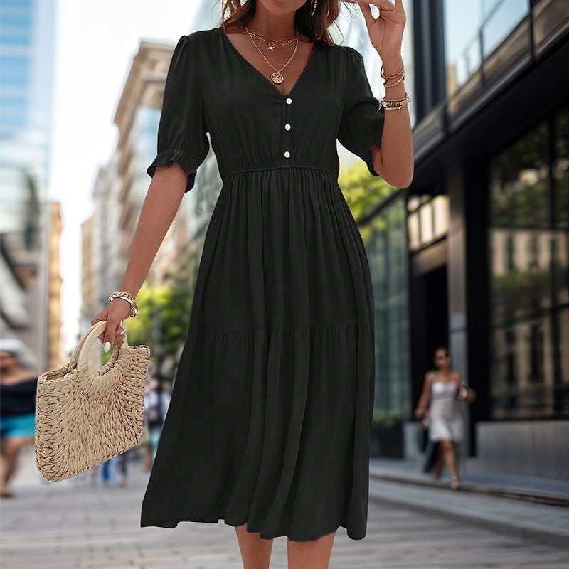 Stylish V-Neck Dress with Waist Cinching - Solid Color