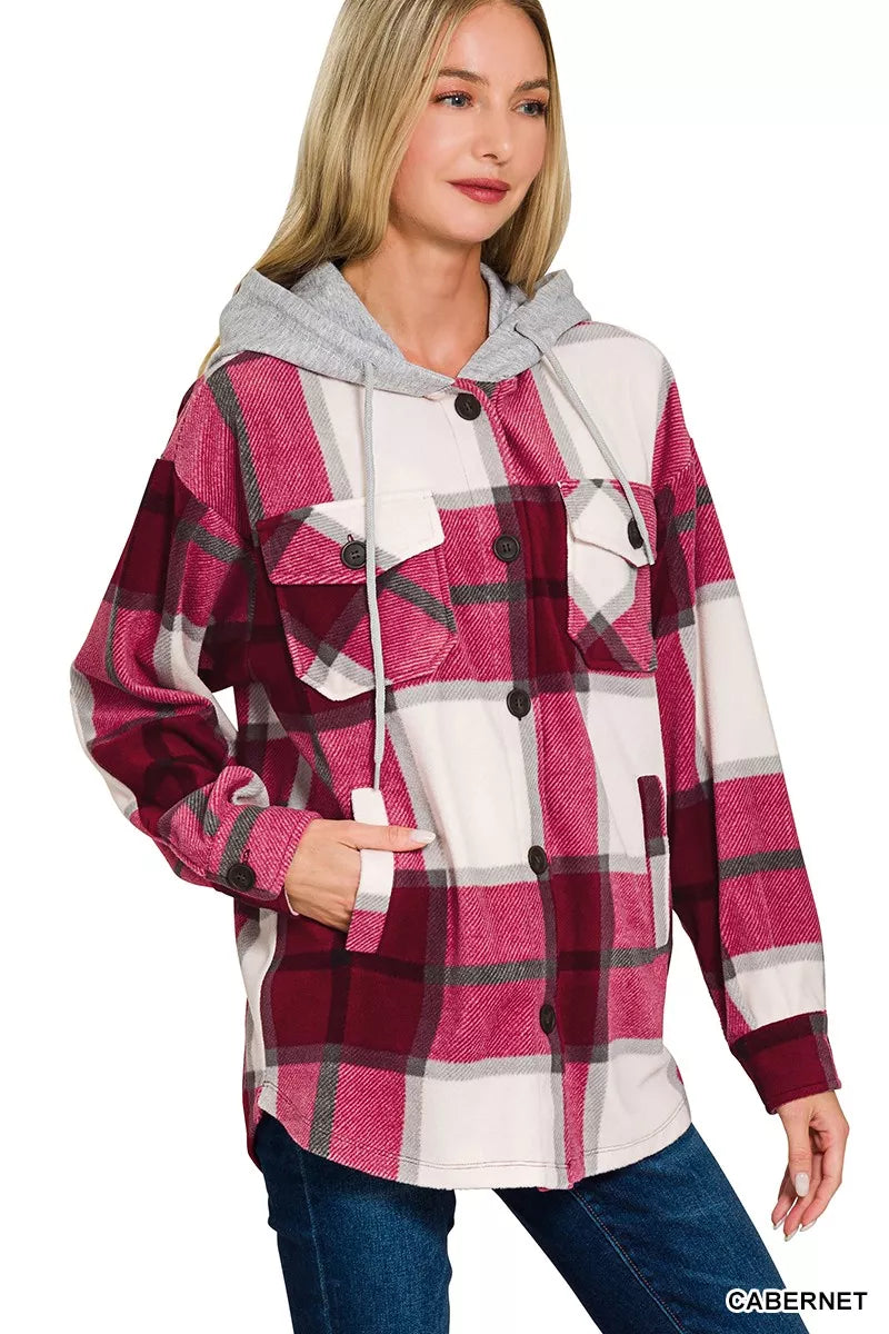 Plaid Drawstring Hooded Fleece Shacket
