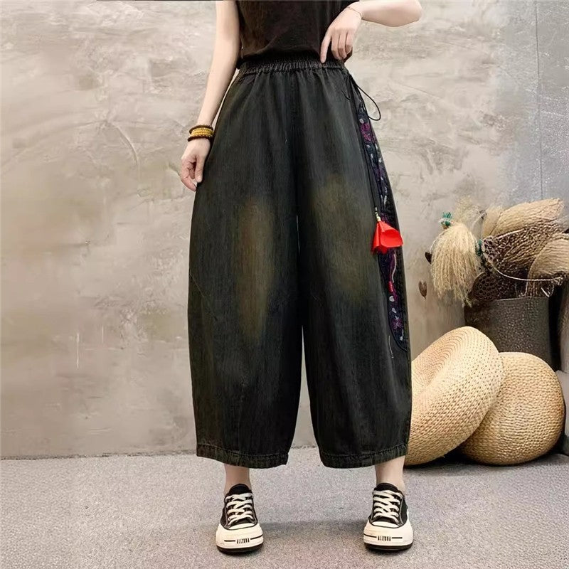 High-Waisted Wide Leg Pants With Embroidery And Tassels