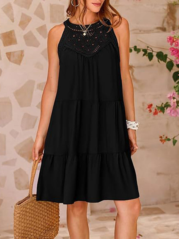 Loose Sleeveless Hollow Pleated Solid Color Split-Joint Round-Neck Mini Dresses
