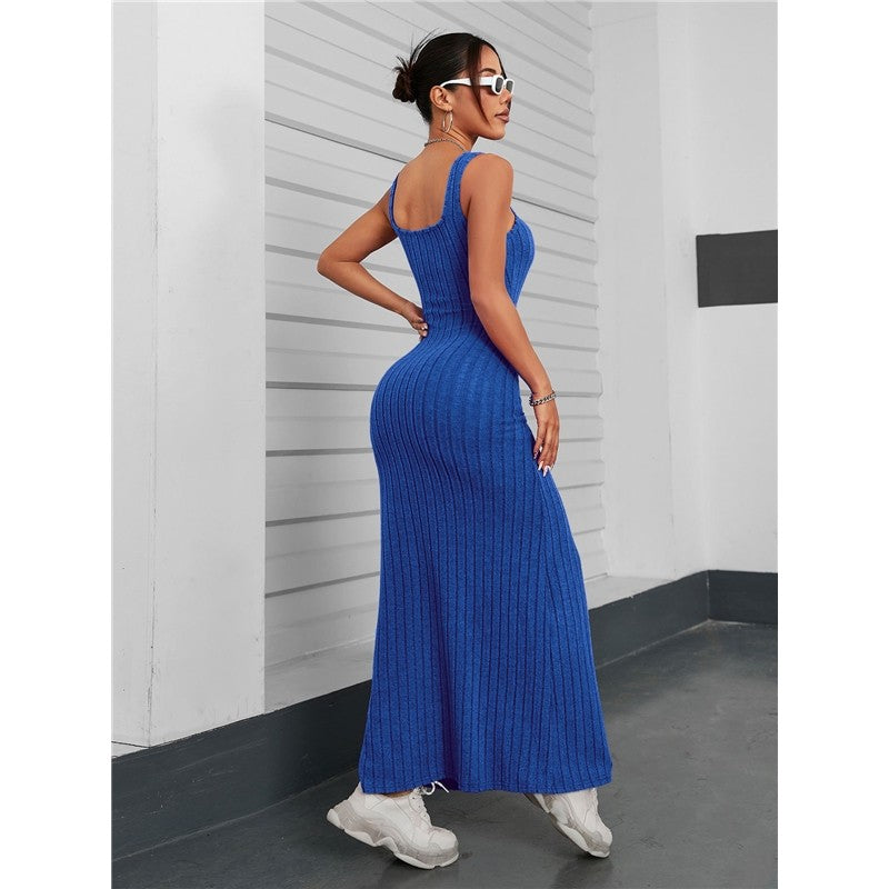 Solid Color Sleeveless Square Neck Long Knitted Dress