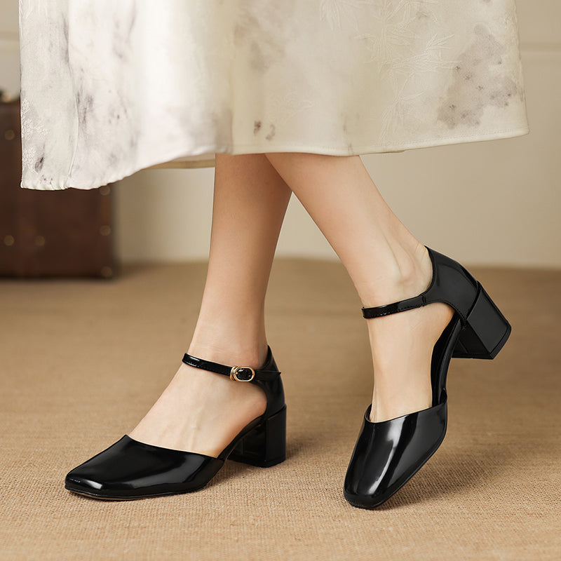 Women's Cutout Mary Jane Block Heel Sandals | Full-Grain Cowhide Square Toe Heels