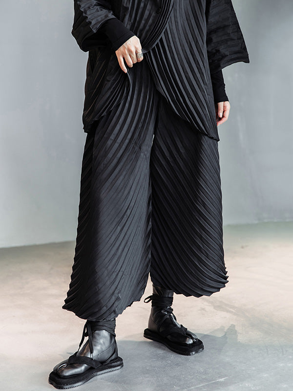 Urban Solid Color Pleated Outerwear&Pants Two Pieces Set