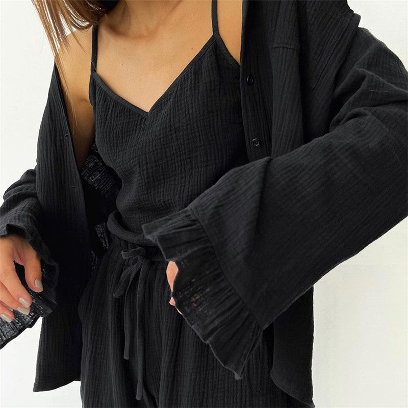 Solid Color Three-Piece Lounge Set: Spaghetti Strap Tank Top, Long Sleeve Lapel Blouse, and Pants