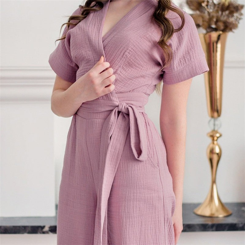 Solid Color V-Neck Bandage Top and Pants Set - Short Sleeve Loungewear