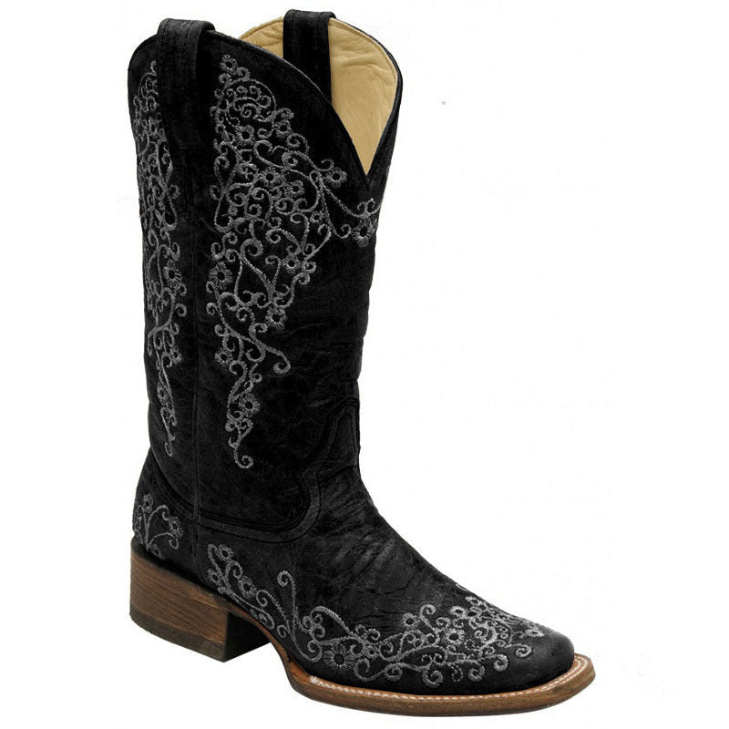 Women's Embroidered Chunky Heel Square Toe Mid-Calf Knight Boots | Slip-On Winter Boots
