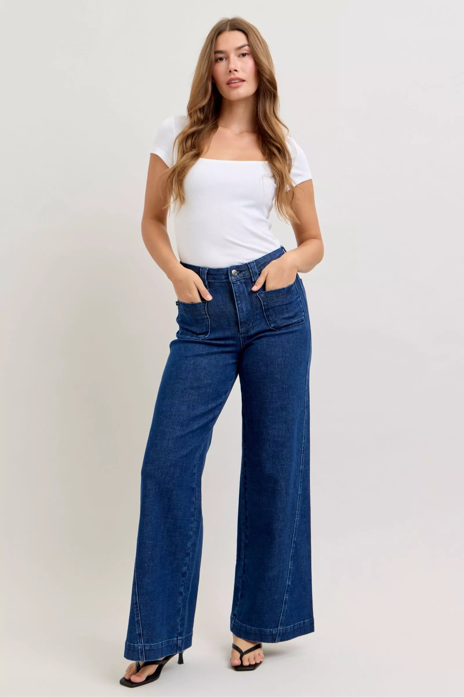 High-Waisted Retro Wide Jeans with Patch Pkts & Twisted Seams
