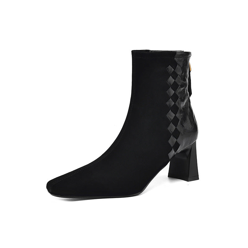 Women's Square Toe Chunky Heel Ankle Boots – Sheepskin Leather Patchwork