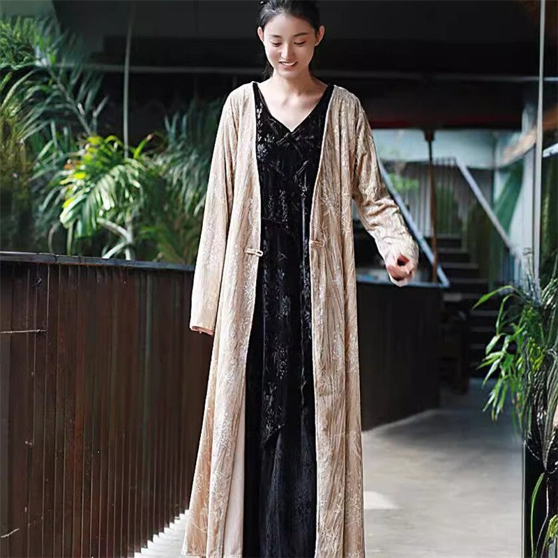 Single-Breasted Velvet Cardigan with Printed Pattern