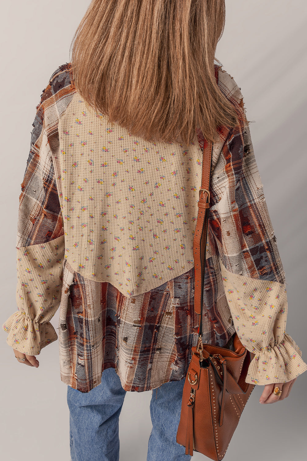 Boho Floral Plaid Patchwork Distressed Detail Ruffled Sleeve Waffle Knit Shacket