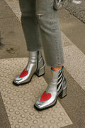 Women's Silver Chunky Heel Ankle Boots – Square Toe Side Zipper Heart Detail