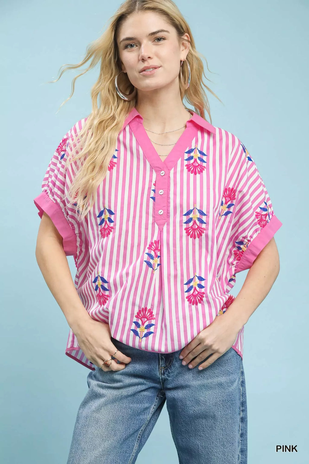 Stripe Embroidered Button-Front Boho Blouse