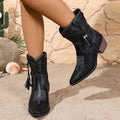 Women's Pointed-Toe Square-Heel Mid-Calf Denim Boots - Vintage Slip-On Boots