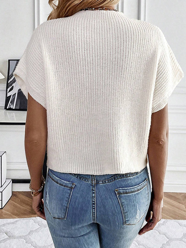 Loose Short Sleeves Knitted Flower Round-Neck Pullovers Sweater Tops
