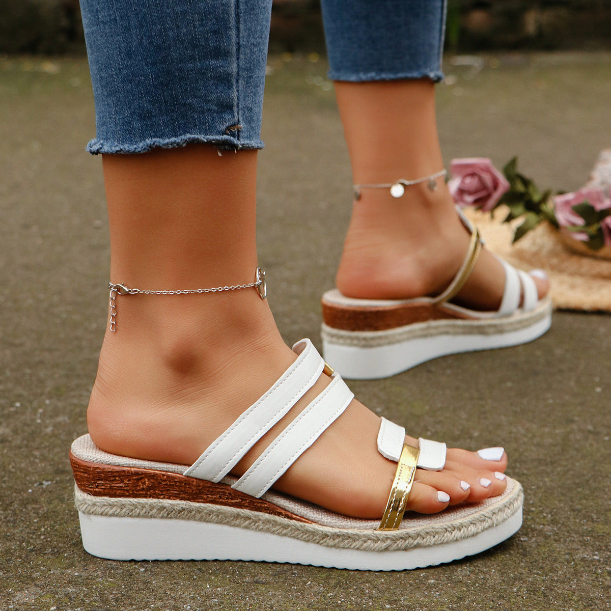 Women's Colorblock Wedge Sandals | Hemp Heel Platform Slides - Open Toe Summer Shoes