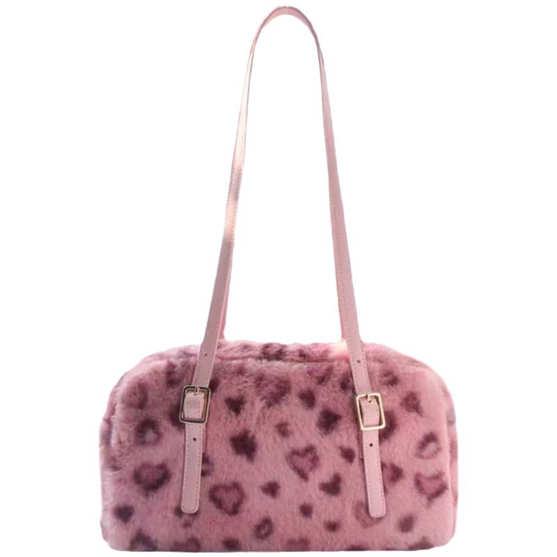 Women's Furry Velvet Shoulder Tote Bag - Plush Leopard Print Handbag with Dual Straps