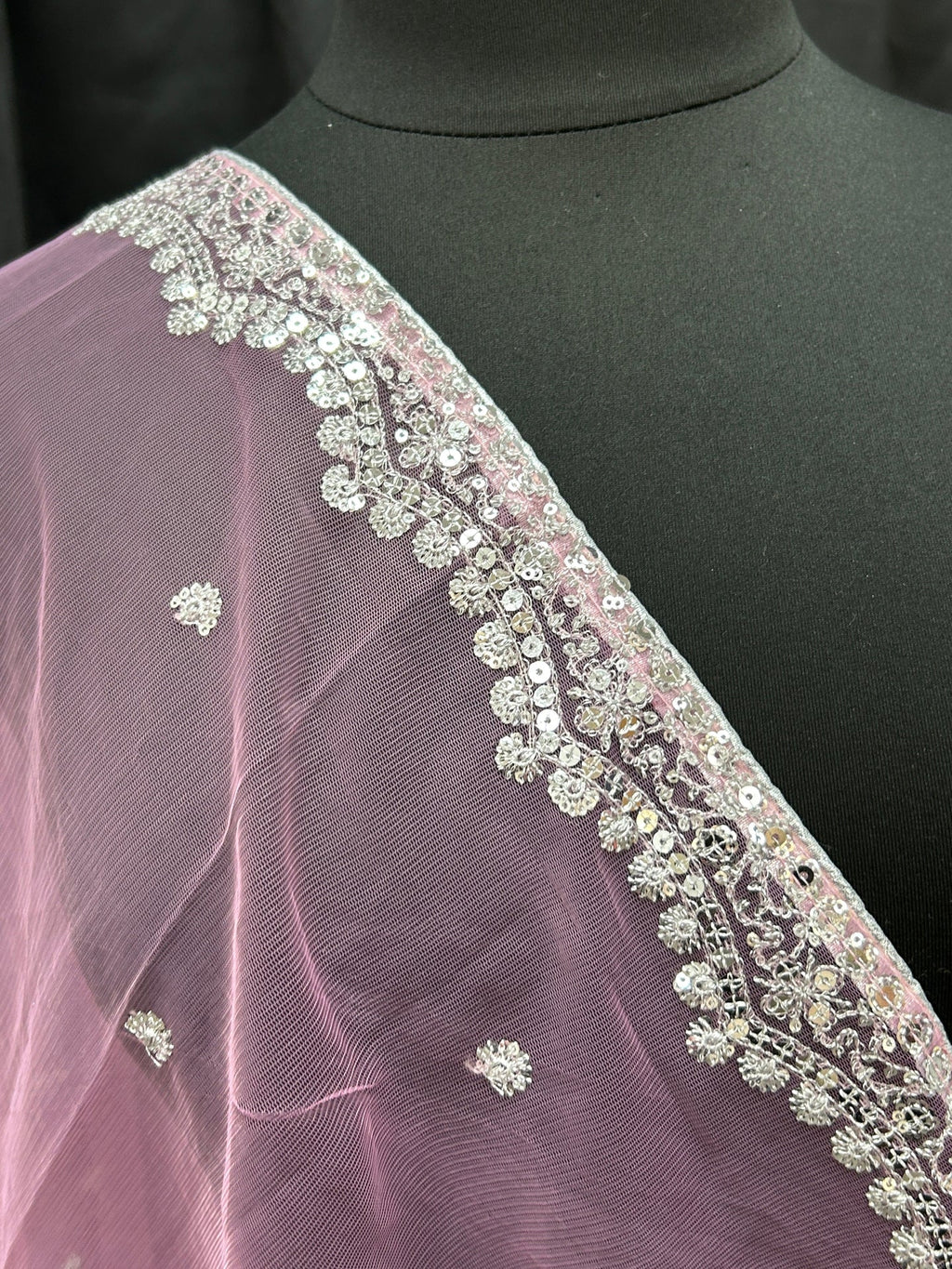 Light pink net dupatta with silver sequin border