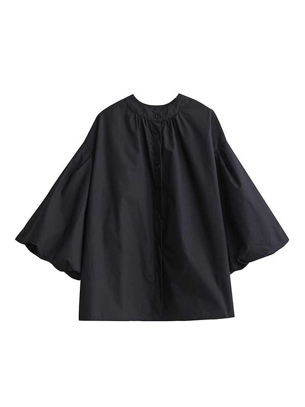 Loose Nine-Minute Sleeve Buttoned Hollow Pleated Solid Color Round-Neck Blouses&Shirts Tops