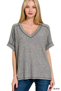 Full Size Soft Melange Hacci V-Neck Short Sleeve Hi-low Tee Plus Size