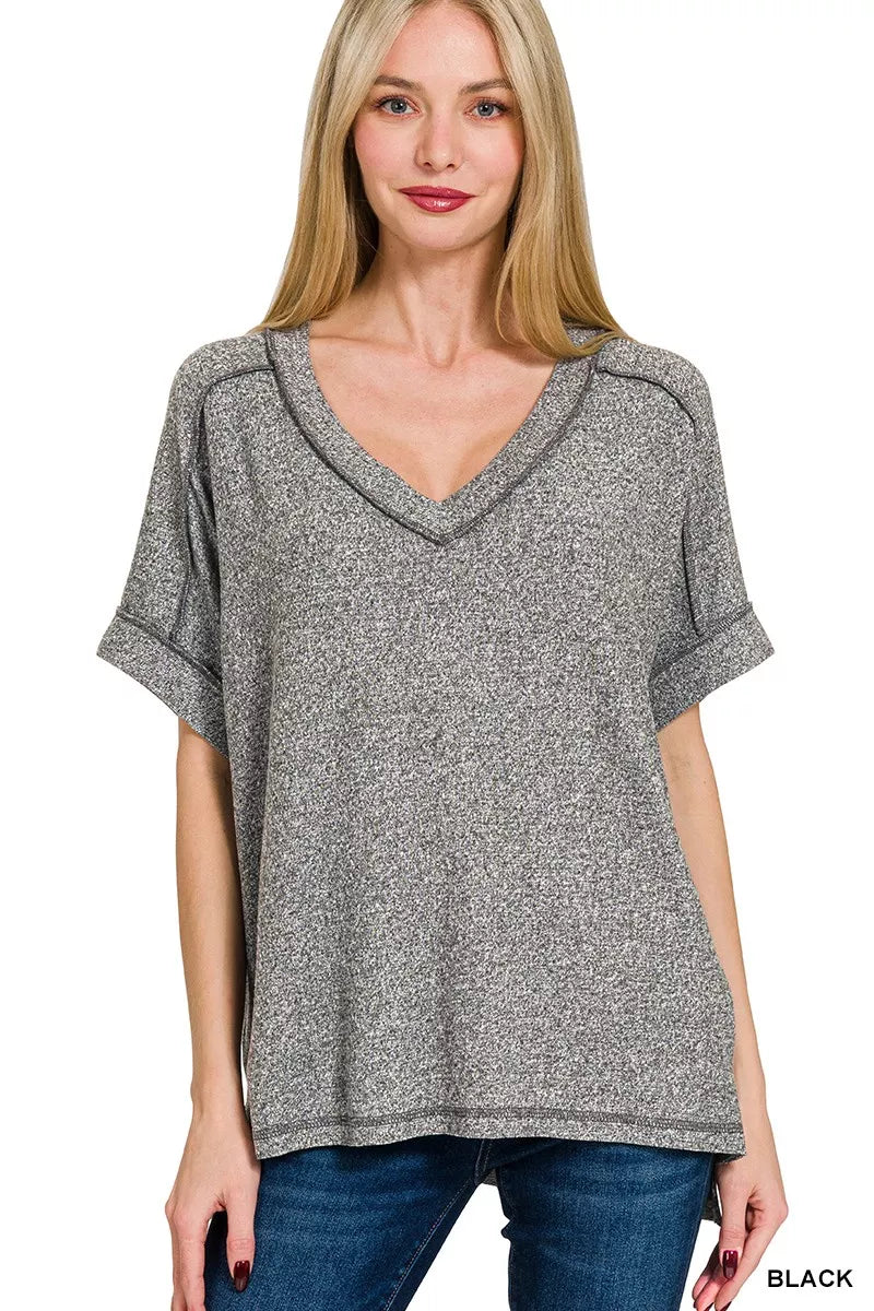 Full Size Soft Melange Hacci V-Neck Short Sleeve Hi-low Tee Plus Size