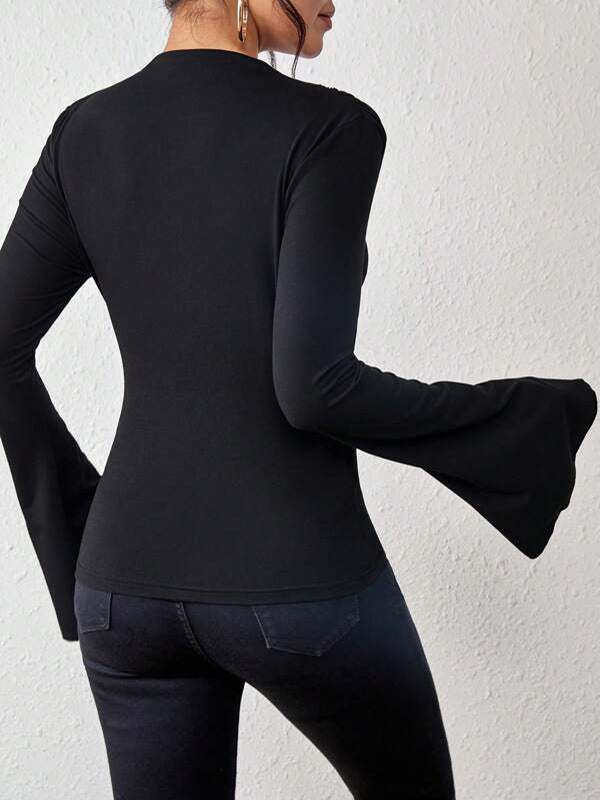Flared Sleeve Boat Neck Long Sleeve Pleated Solid Color T-Shirt