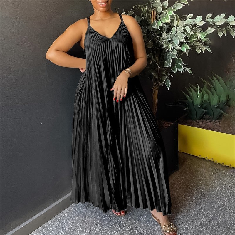 Solid Color Halter Pleated A-Line Dress