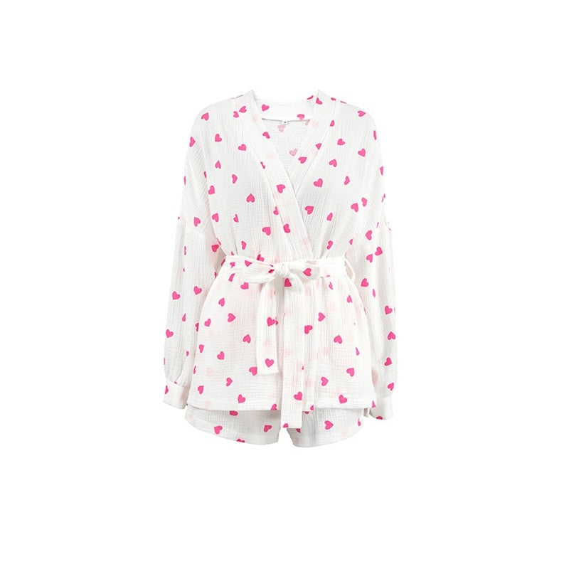 Heart Print Long Sleeve Tie-Waist Blouse and Shorts Set - Loungewear Suit