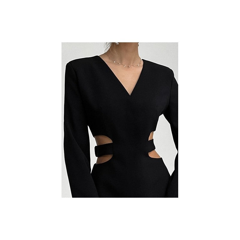 Solid Color Long Sleeve V-Neck Hollow A-Line Mini Dress