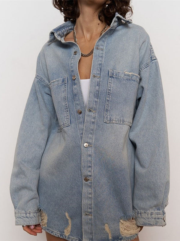 Long Sleeves Loose Buttoned Hollow Pockets Split-Joint Lapel Jackets
