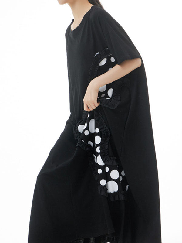 Loose Short Sleeves Polka-Dot Split-Joint Round-Neck Midi Dresses