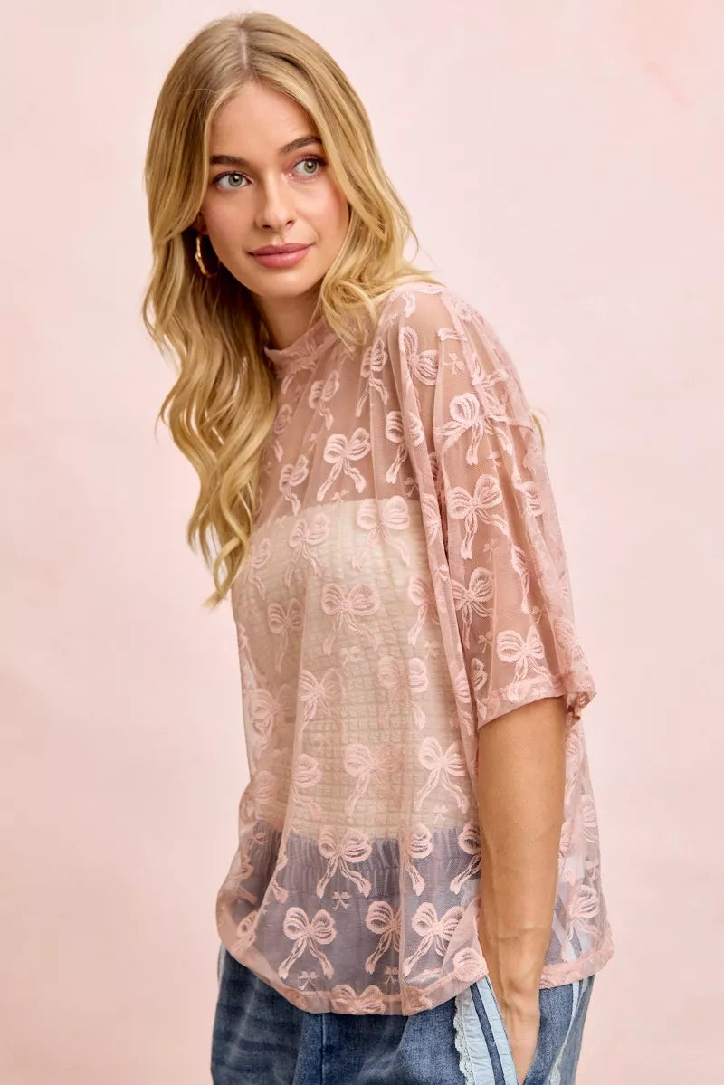 Bow Pattern Short Sleeves Boxy Mesh Top