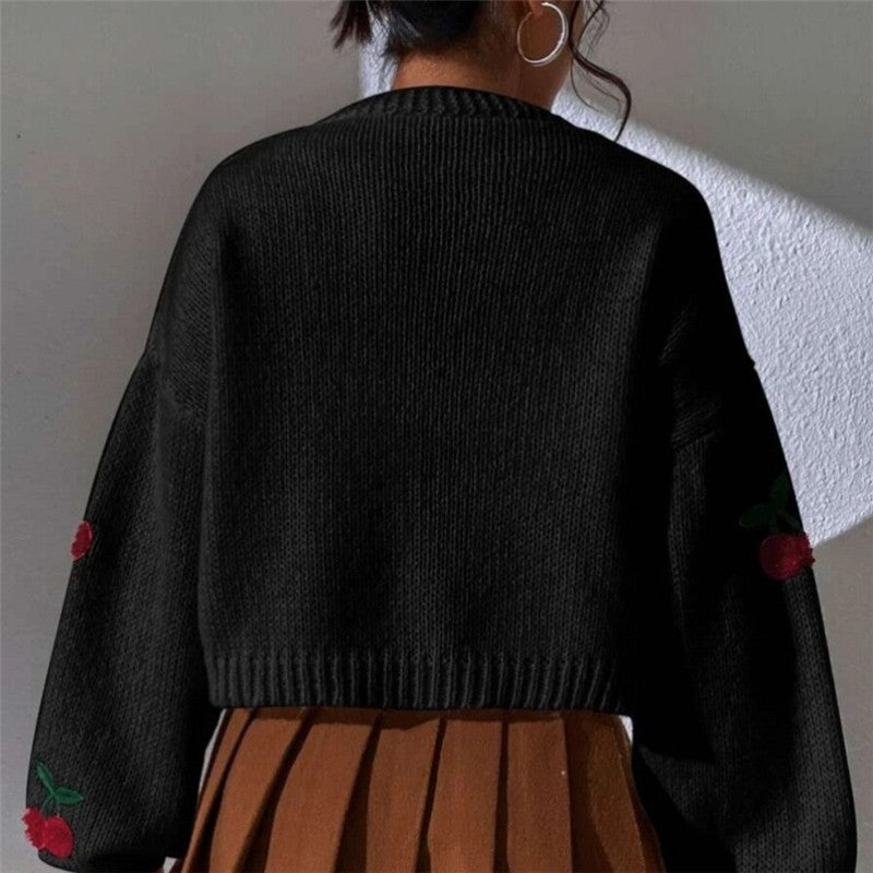 Loose Fit Embroidered Knit Cardigan Without Buttons