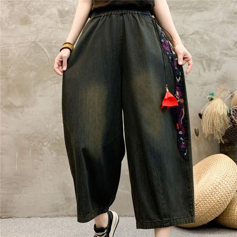 High-Waisted Wide Leg Pants With Embroidery And Tassels