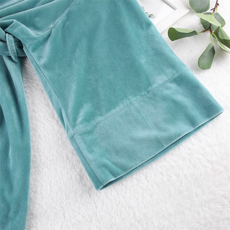 Solid Color Crystal Velvet Nightgown with Long Sleeves and Waist Tie